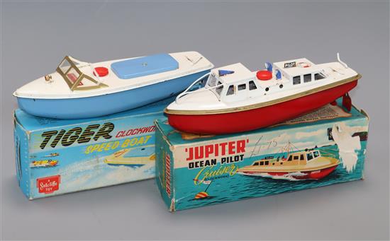 A Sutcliffe Tiger speedboat model and a Jupiter pilot cruiser model, boxed